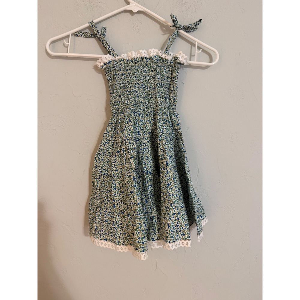 Brenda‎ Schoenfeld Girls Smocked Floral Sundress Blue Green Lace Made in Italy